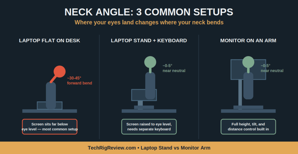 Neck angle comparison across three setups Laptop Stand vs Monitor Arm