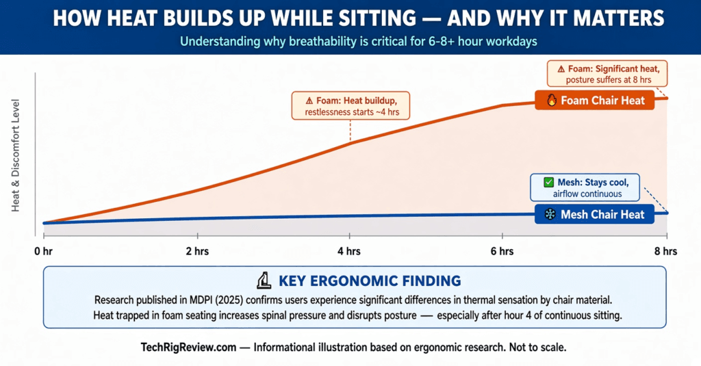 This chart illustrates how heat discomfort accumulates over a typical 8-hour workday. Foam chairs trap heat; mesh allows continuous airflow. The gap becomes most pronounced after the 4-hour mark.